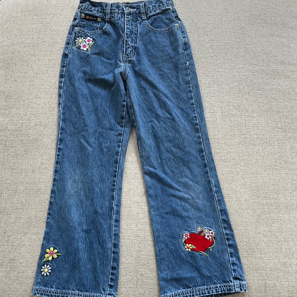 Route 66 Vintage Girls Size 8 Embroidered Floral Heart High Waist Denim Jeans